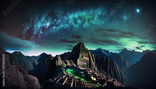Machu Picchu and starry sky. Generative AI