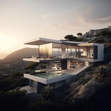 Casa com arquitetura moderna na beira da praia, com paredes de vidro e piscina. Generative AI