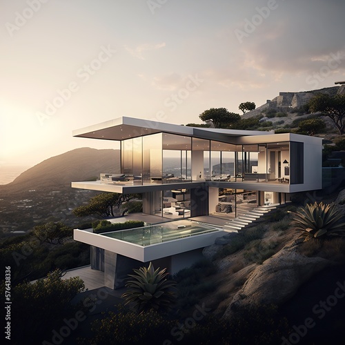 Photo Casa com arquitetura moderna na beira da praia, com paredes de vidro e piscina