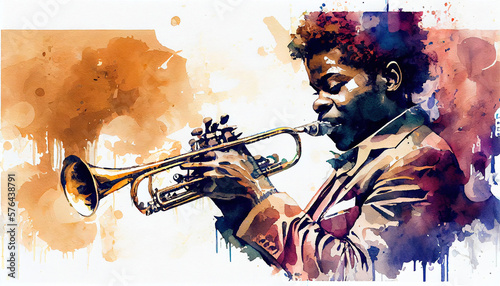 Músico afroamericano tocando jazz con trompeta - Ilustración IA photo