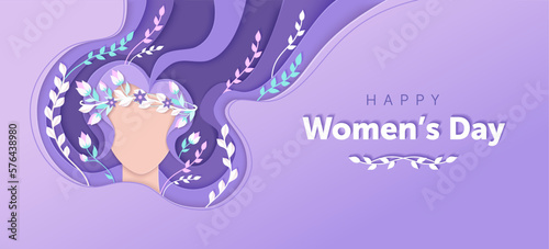Creative Womens day paper cut banner in a purple colors. 8 march greeting card with a woman face, flowing hair, flowers and leaves. Spring background. Beauty salon design. Vector illustration.