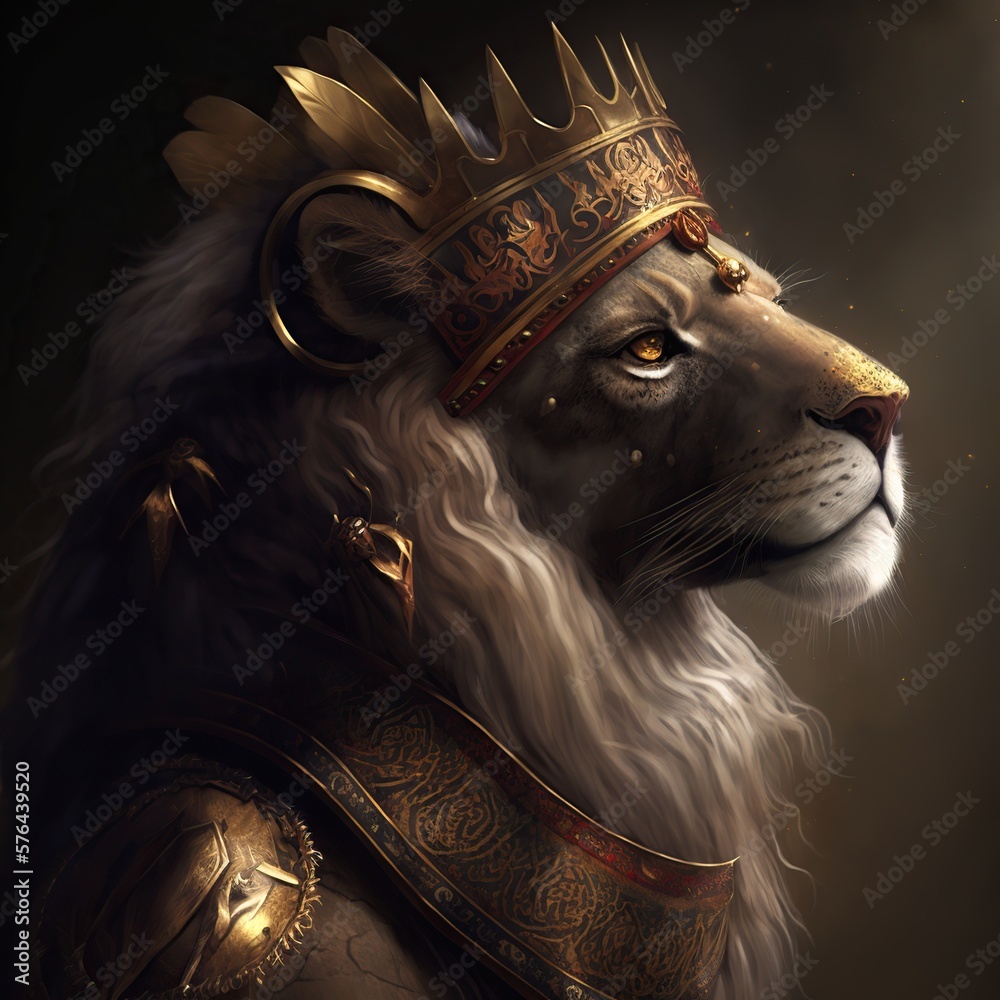 retrato de um leão realista com coroa de rei com ouro, ar ...
