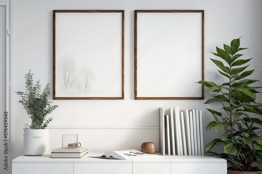 Stylish White Home Decor: Mock Up Frames, Books, Plants, Accessories. Photo generative AI