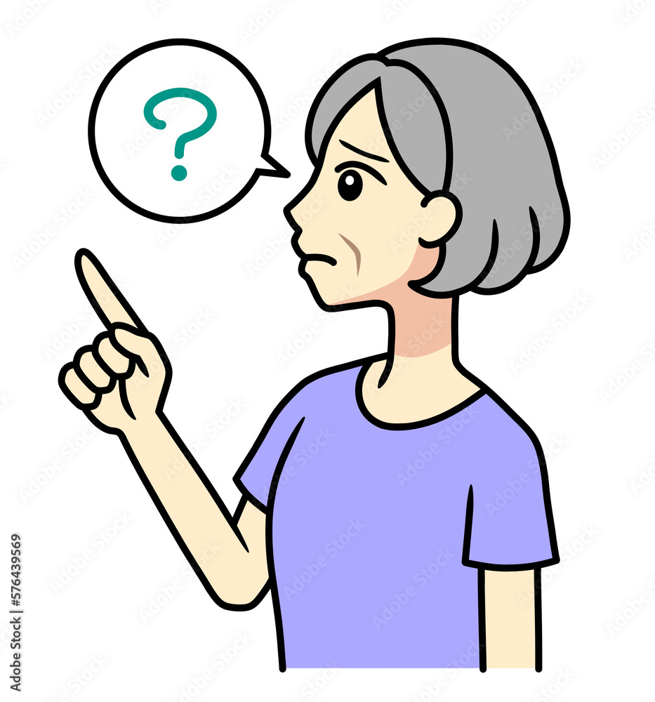 A senior woman pointing upward with a question mark A senior woman pointing upward with a question mark
