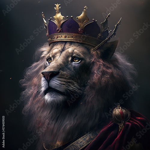 Fototapeta retrato de um leão realista com coroa de rei com ouro, ar cinematográfico