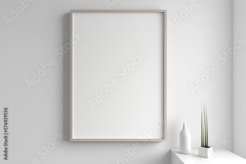 White wall with blank vertical frame. Template for artwork, poster. Empty, close up view. Minimalist mockup. Photo generative AI