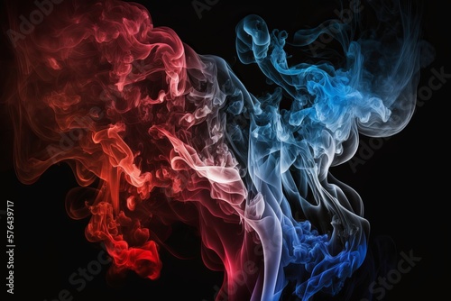 Abstract texture of backlit smoke in red blue on a black background Generative AI