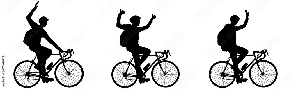 A group of cyclists. A man on a bicycle raised his hand and shows a gesture. A guy in a protective helmet, with a large backpack on his back, rides a bicycle. Side view. Black male silhouette isolated A group of cyclists. A man on a bicycle raised his hand and shows a gesture. A guy in a protective helmet, with a large backpack on his back, rides a bicycle. Side view. Black male silhouette isolated
