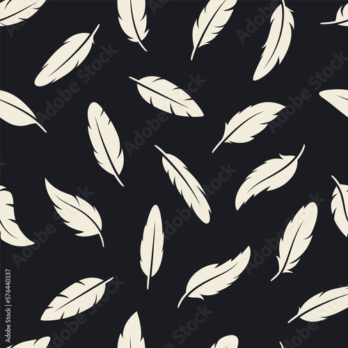 Vector Seamless Pattern with White Different Black Fluffy Feather Silhouettes on Black Background. Design Template of Flamingo, Angel, Bird Feathers for Wall Paper, Textile. Lightness, Freedom Concept