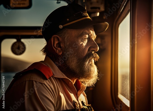 Old sea captain standing in the wheelhouse and looking to the ocean from the window. A sailor in the uniform looking to sea from control room. Generative AI. By milkovasa