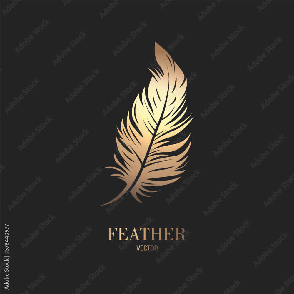 Vector Fluffy Golden Color Feather Logo Icon, Silhouette Feather Closeup Isolated. Design Template of Flamingo, Angel, Bird Feather. Lightness, Freedom Concept