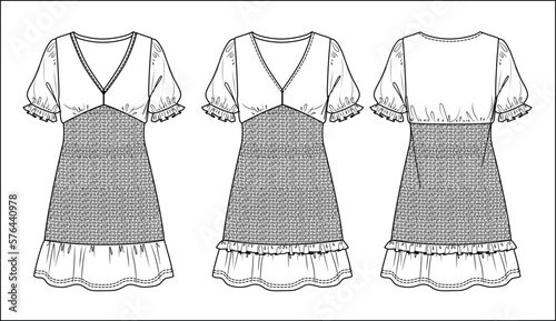 Vector short sleeve mini dress technical drawing, woman tired dress with frill, smock detail fashion CAD, sketch, template, flat. Jersey or woven fabric dress with front, back view, white color