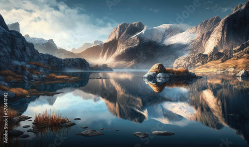  a painting of a mountain lake surrounded by rocks and grass.  generative ai © Olga