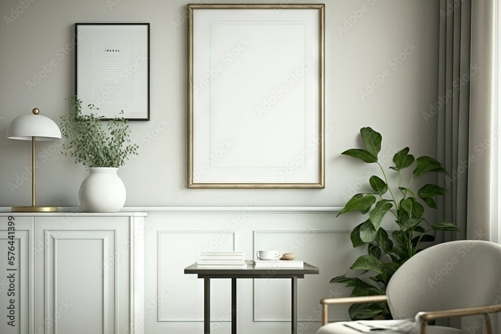 Fototapeta premium Cozy modern interior with empty frame on the wall
