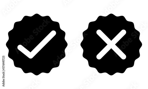 Right wrong with smooth zig zag circle colored style. Right or Wrong checkmark and x or confirm and deny line art color icon for apps and websites. correct, incorrect, positive, negative, yes or no.