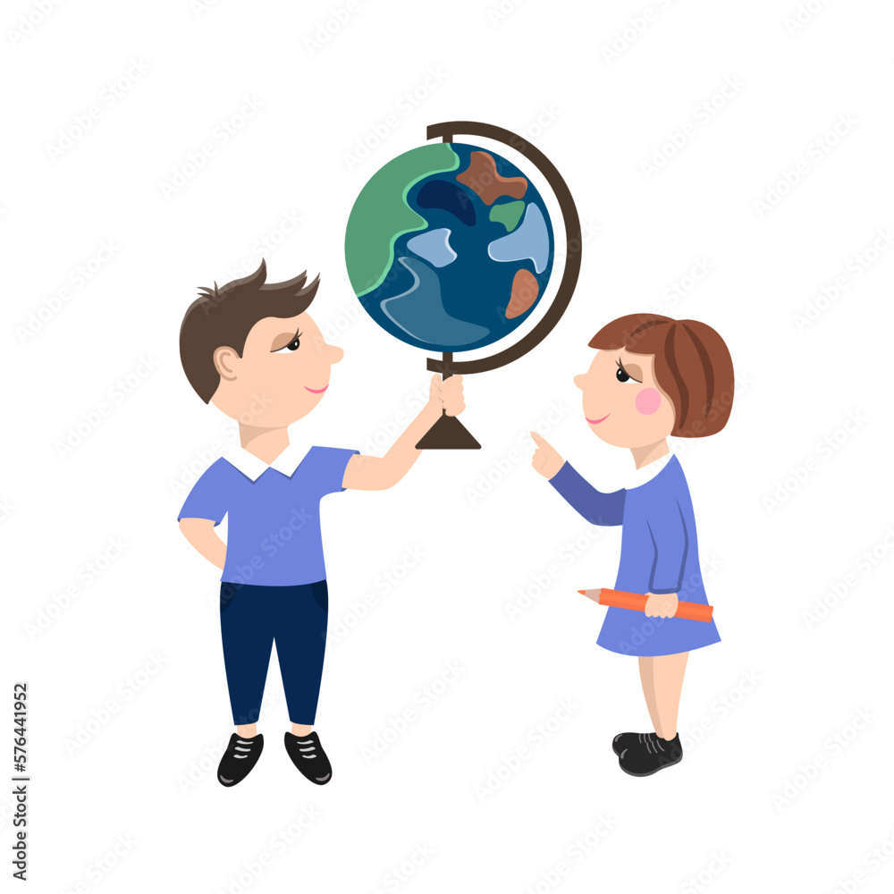 Children and globe. Students in the classroom. Children study at school. Children and globe. Students in the classroom. Children study at school.