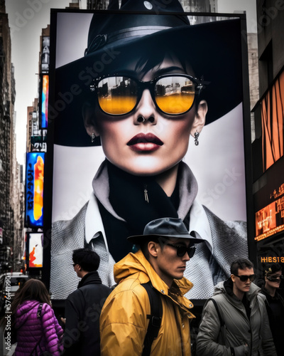 billboard with photography at city street. Ilustration. Generative AI