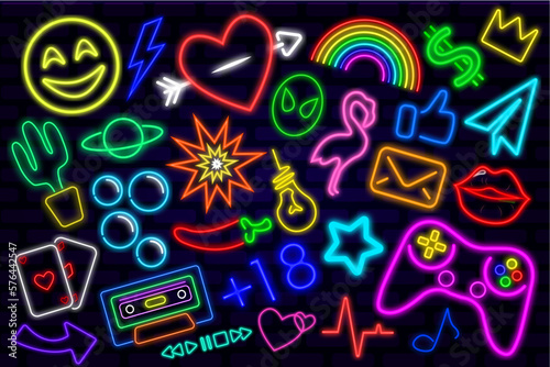 Neon icons of different shapes. Bright signs. Emoticon, hearts, lightning, cassette, joystick, planet, note, flamingo, bubbles, cactus, playing cards, rainbow, bulb, explosion, pulse, star, dollar.