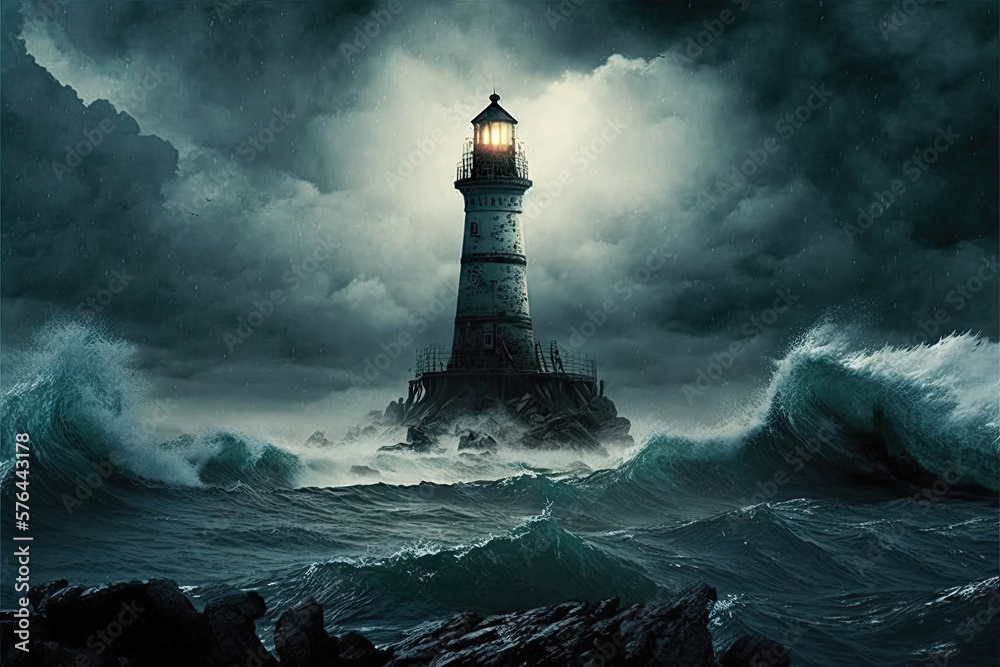Eternal Watchman of the Gloomy Sea: A Serene Lighthouse Scene Generative AI