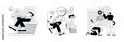 Information collection and analysis abstract concept vector illustration set. Management information system, document management soft, big data job, sharing online, visualization abstract metaphor.