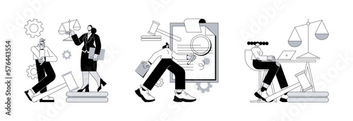 Law firm abstract concept vector illustration set. Litigation support, legal research, paralegal services, forensic accounting, consulting, data collection, attorney legal work abstract metaphor.