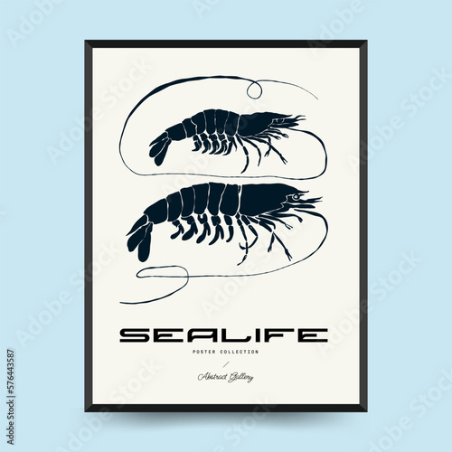 Abstract ocean and sea posters template. Modern sea Botanical trendy black style. Vintage seaweed, fish, shell. Ink wall  art.