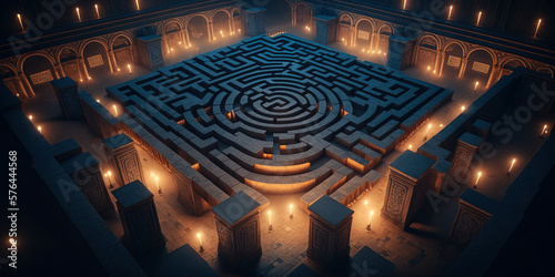 Aerial view of square labyrinth maze by torchlight by generative AI photo