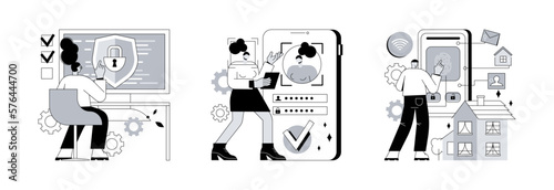 Digital security abstract concept vector illustration set. Information privacy, verification technologies, access control system, data access, user password, social media account abstract metaphor.
