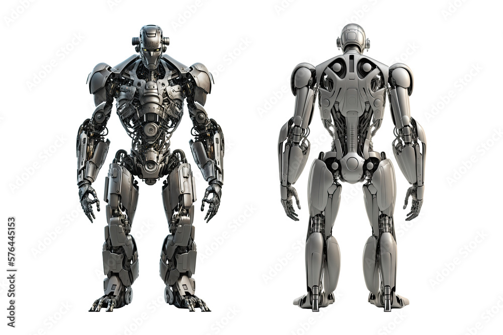Isolated futuristic robot, front view and back view - Generative AI