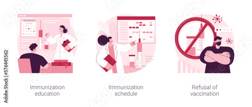 Public health abstract concept vector illustration set. Immunization education and schedule, refusal of vaccination, infectious diseases prevention, mandatory vaccination plan abstract metaphor.