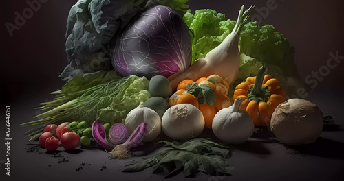 Beautiful colorful vegetables fruits on dark table