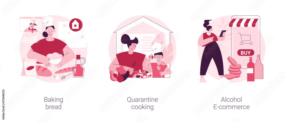 Homemade food and delivery abstract concept vector illustration set. Baking bread, quarantine cooking, alcohol e-commerce, family recipe, baking yeast, online grocery and wine abstract metaphor. Homemade food and delivery abstract concept vector illustration set. Baking bread, quarantine cooking, alcohol e-commerce, family recipe, baking yeast, online grocery and wine abstract metaphor.