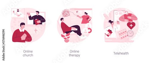 Distance help and support abstract concept vector illustration set. Online church, online therapy, telehealth, worship services, mental health, stay at home, social distancing abstract metaphor.