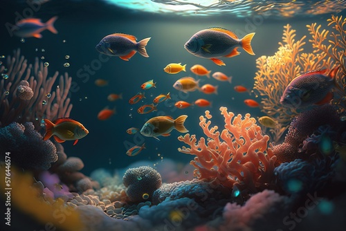 Calming unerwater scene with colorful tropical fishes