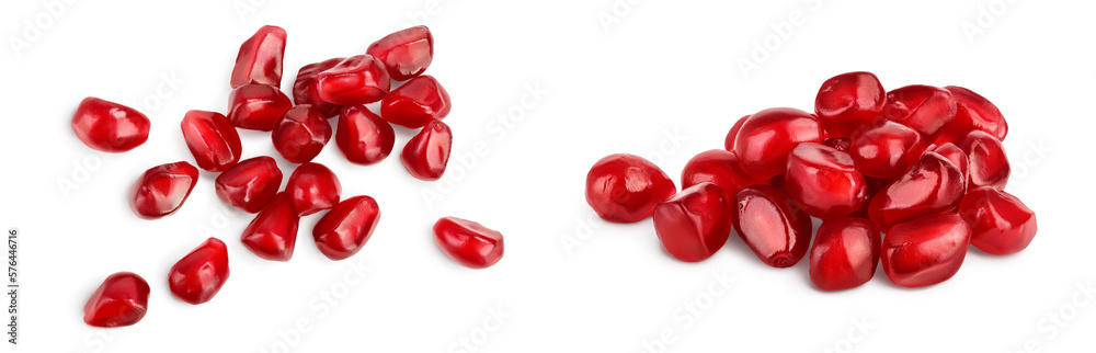 Heap of fresh pomegranate seeds isolated on white background with full depth of field. Top view. Flat lay. Heap of fresh pomegranate seeds isolated on white background with full depth of field. Top view. Flat lay.