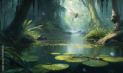  a painting of a pond with lily pads and a dragon flying over it.  generative ai