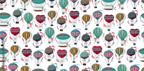 Vintage hot air balloon pattern. Different balloon aerostat print. Color air balloons texture. Large bag filled with hot gas and basket. Flying transport. Hand drawn vintage style flight airship. 