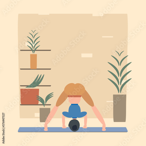 A woman practices yoga in a standing pose with her legs wide apart and her arms down. Can be used for poster, banner, postcard.
