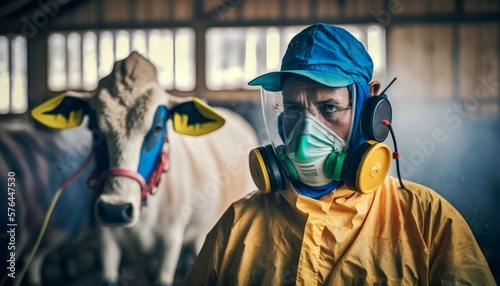 eople wearing personal protective equipment or PPE with spraying disinfectant for protection pandemic of disease in cattle farm, Generative AI