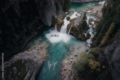 Beautiful Waterfall in Austria drone shot, generative AI photo