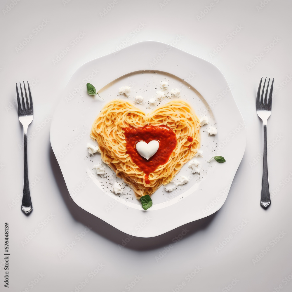 On a white plate with a white wood background, heart shaped pasta is topped with tomato sauce and parmesan cheese. For Valentine's Day supper, consider serving romantic vegetarian art. looking up