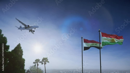 Airplane landing in Kurdistan Region, Iraq. A generic passenger plane lowering its landing gears approaching an airport near Erbil. Iraqi flag waving along with Kurdistani flag.
 photo