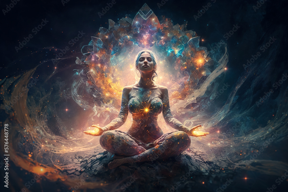 Woman practices yoga and meditation with space energy, fantasy view, generative AI. - obrazy, fototapety, plakaty 