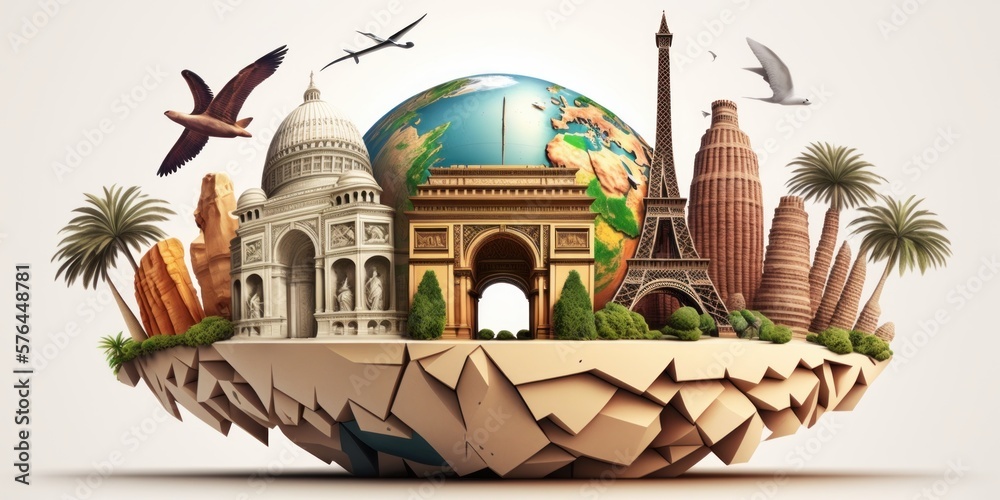 planet with monuments, travel and destinations, generative ai illustration