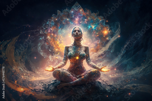 Fotografia Woman practices yoga and meditation with space energy, fantasy view, generative AI