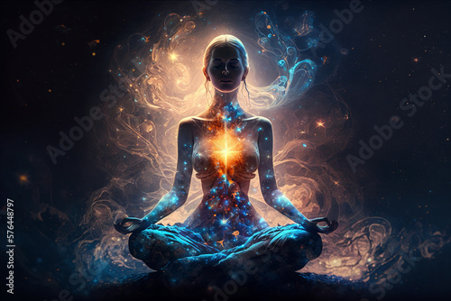 Young woman practices yoga and meditation with space energy, fantasy view, generative AI. photo
