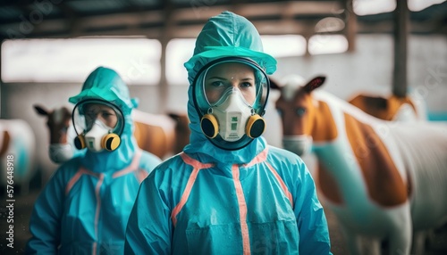 People wearing personal protective equipment or PPE with spraying disinfectant for protection pandemic of disease in cattle farm, Generative AI