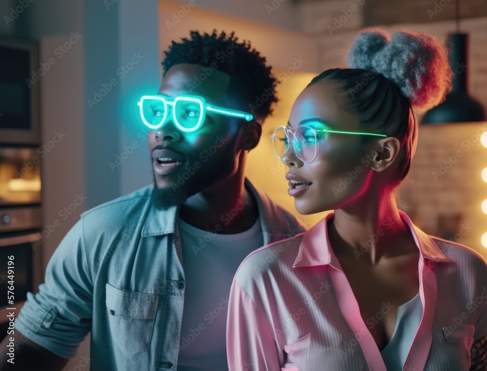 Beautiful Multiethnic Couple in Casual Outfits and Futuristic Neon Glowing Glasses, Dance and Have a Party at Home