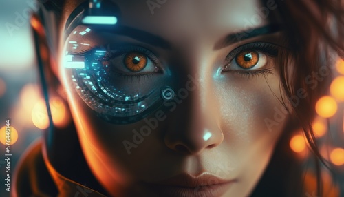 Future woman with cyber technology eye panel concept. Generative AI