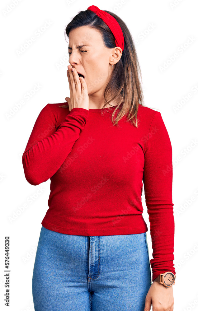 Young beautiful woman wearing casual clothes bored yawning tired covering mouth with hand. restless and sleepiness. Young beautiful woman wearing casual clothes bored yawning tired covering mouth with hand. restless and sleepiness.